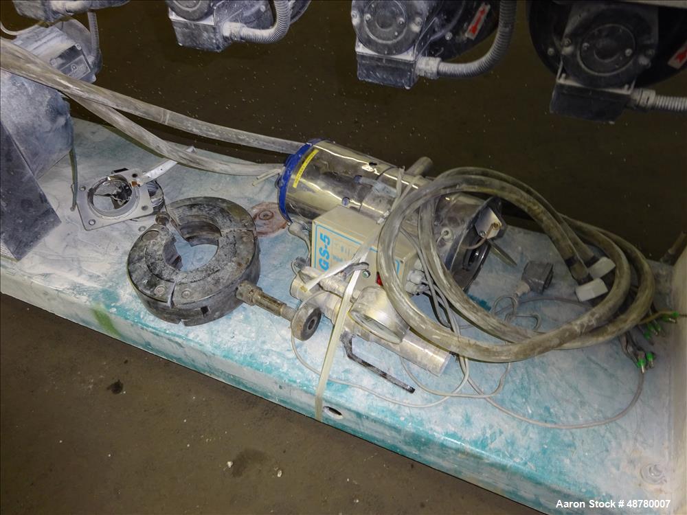 Used Paul Muller single screw extruder, type ELEK 60-36D. 2.34" (60 mm) dia. 36:1 L/D. (8) Total zones (7) barrel zones, electrically heated, air cooled (1) water cooled feed throat. Approximate 91" ...