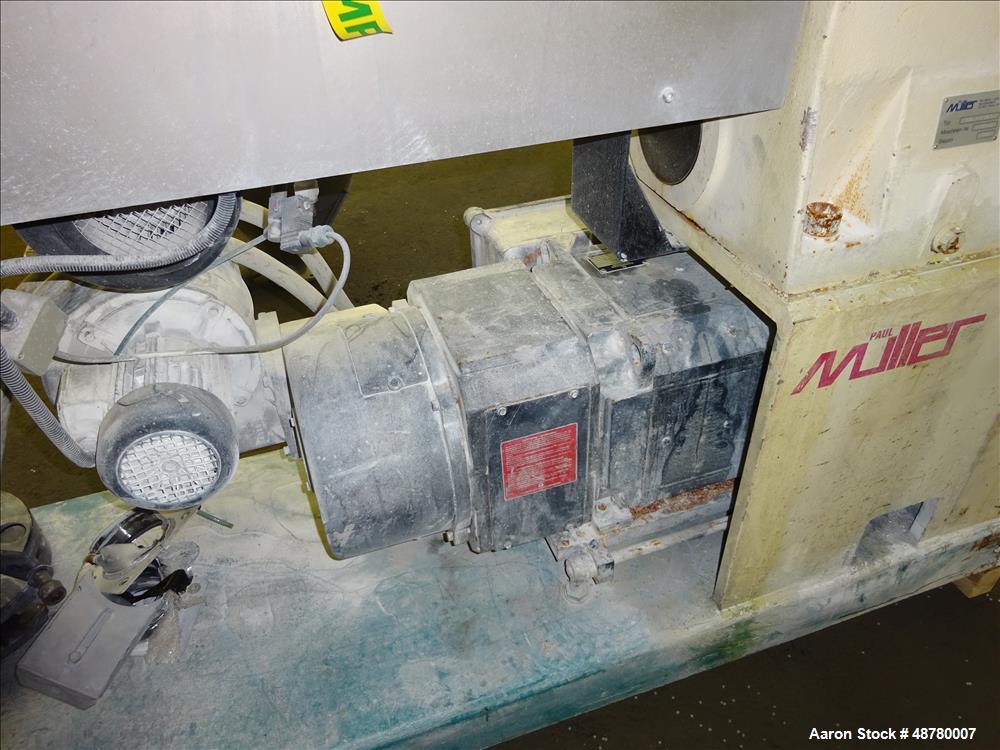 Used Paul Muller single screw extruder, type ELEK 60-36D. 2.34" (60 mm) dia. 36:1 L/D. (8) Total zones (7) barrel zones, electrically heated, air cooled (1) water cooled feed throat. Approximate 91" ...