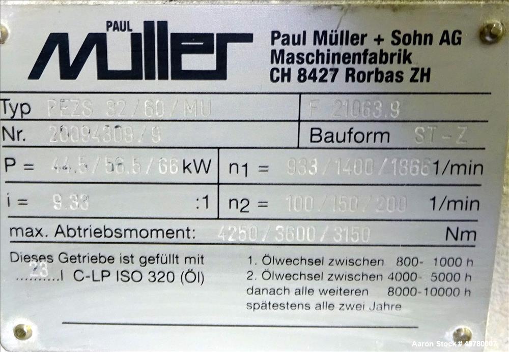Used Paul Muller single screw extruder, type ELEK 60-36D. 2.34" (60 mm) dia. 36:1 L/D. (8) Total zones (7) barrel zones, electrically heated, air cooled (1) water cooled feed throat. Approximate 91" ...