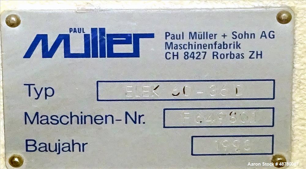 Used Paul Muller single screw extruder, type ELEK 60-36D. 2.34" (60 mm) dia. 36:1 L/D. (8) Total zones (7) barrel zones, electrically heated, air cooled (1) water cooled feed throat. Approximate 91" ...