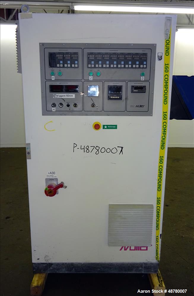 Used Paul Muller single screw extruder, type ELEK 60-36D. 2.34" (60 mm) dia. 36:1 L/D. (8) Total zones (7) barrel zones, electrically heated, air cooled (1) water cooled feed throat. Approximate 91" ...