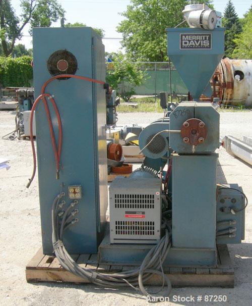 Used Merritt Davis 1 1/2" Single Screw Extruder, approximatly 24:1 L/D ratio. Electrically heated, air cooled 3 zone non-vented barrel. Water cooled feed with hopper, approximately 42" centerline hei...