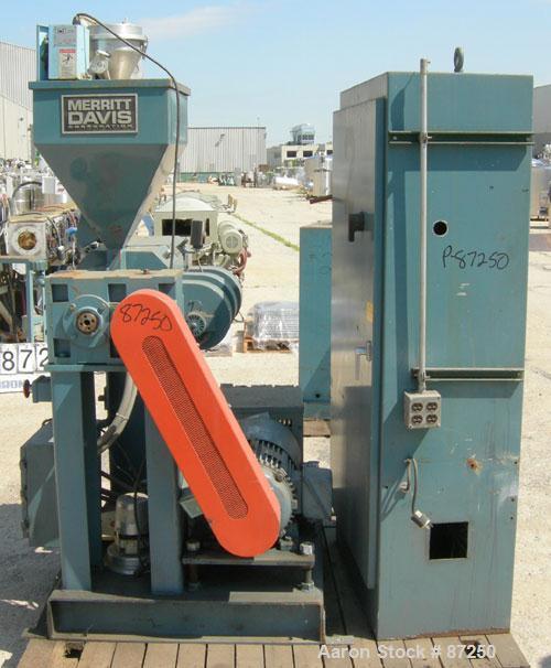 Used Merritt Davis 1 1/2" Single Screw Extruder, approximatly 24:1 L/D ratio. Electrically heated, air cooled 3 zone non-vented barrel. Water cooled feed with hopper, approximately 42" centerline hei...