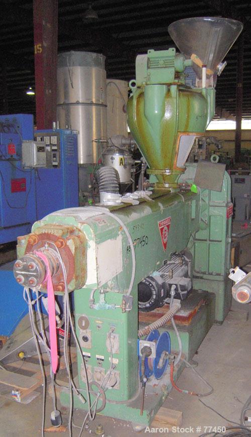 Used Prodex 2-1/2" Single Screw Extruder, Model T250-24. 24 to 1 L/D ratio. Electrically heated, water cooled vented and plugged barrel. Water cooled feed throat with a Prodex crammer feeder (no scre...