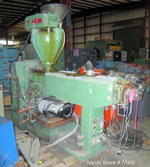 Used Prodex 2-1/2" Single Screw Extruder, Model T250-24. 24 to 1 L/D ratio. Electrically heated, water cooled vented and plugged barrel. Water cooled feed throat with a Prodex crammer feeder (no scre...