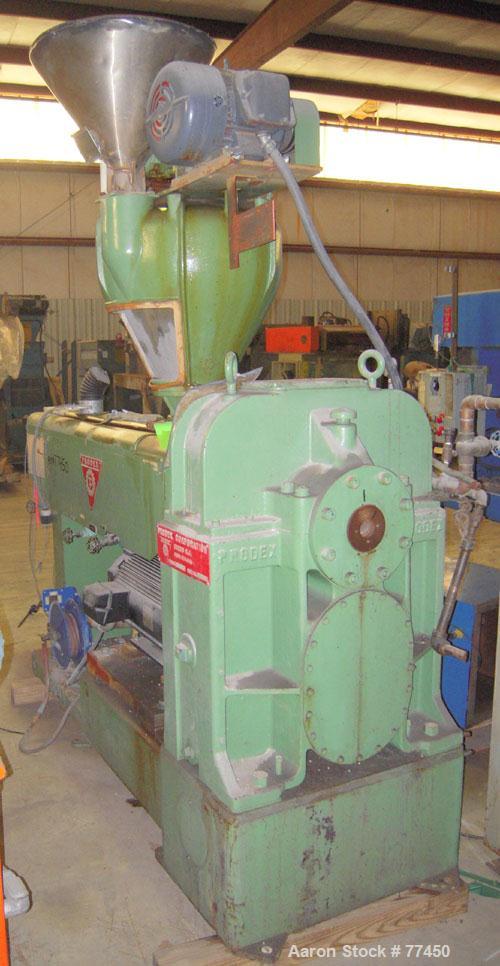 Used Prodex 2-1/2" Single Screw Extruder, Model T250-24. 24 to 1 L/D ratio. Electrically heated, water cooled vented and plugged barrel. Water cooled feed throat with a Prodex crammer feeder (no scre...