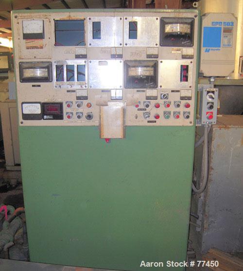 Used Prodex 2-1/2" Single Screw Extruder, Model T250-24. 24 to 1 L/D ratio. Electrically heated, water cooled vented and plugged barrel. Water cooled feed throat with a Prodex crammer feeder (no scre...