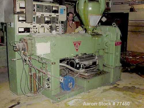 Used Prodex 2-1/2" Single Screw Extruder, Model T250-24. 24 to 1 L/D ratio. Electrically heated, water cooled vented and plugged barrel. Water cooled feed throat with a Prodex crammer feeder (no scre...