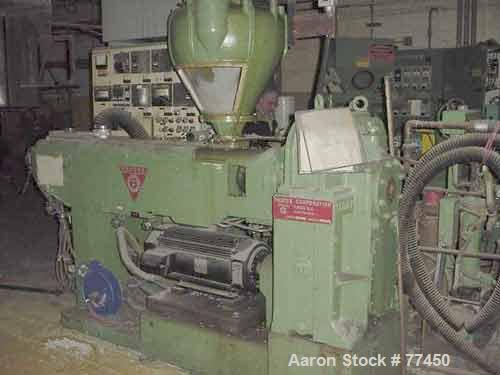 Used Prodex 2-1/2" Single Screw Extruder, Model T250-24. 24 to 1 L/D ratio. Electrically heated, water cooled vented and plugged barrel. Water cooled feed throat with a Prodex crammer feeder (no scre...