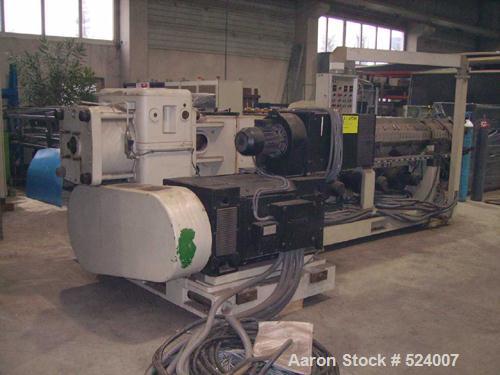 USED: Reifenhaeuser 5.9" extruder 30D, type RH4299-1-150-30WE. Screwdiameter 150 mm, driven by a 200 hp (315 kW) motor, max rpm 70. Heating and cooling unit AWF140-12. Automatic screen changer SF130,...