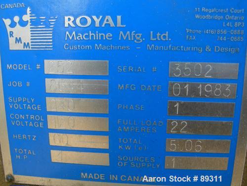 Used Royal Machine 1.25" Pedestal Mounted Single Screw Extruder, Model 252.25. Approximate 12:1 L/D ratio, electrically heated, air cooled single zone non-vented barrel. Water cooled feed throat with...