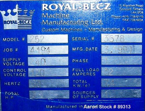 Used Royal Machine 1.25" Pedestal Mounted Single Screw Extruder, Model 252.25, approximate 15:1 L/D ratio. Electrically heated, air cooled 3 zone non-vented barrel. Water cooled feed throat with hopp...