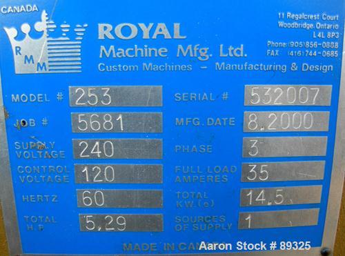USED: Royal Machine 1.25" pedestal mounted single screw extruder, model 253. Approximate 24:1 L/D ratio, electrically heated, air cooled 3 zone non-vented barrel. Water cooled feed throat with hopper...