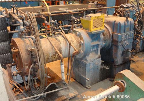 Used Royal 10" Single Screw Dump Extruder, Approximate 6 to 1 L/D ratio, cored screw, (2) zone jacketed barrel. 11" x 12" jacketed feed throat with chute. Approximate 42" centerline height, swing awa...