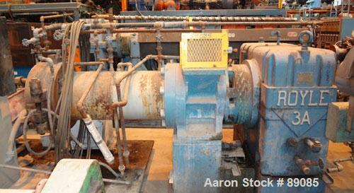 Used Royal 10" Single Screw Dump Extruder, Approximate 6 to 1 L/D ratio, cored screw, (2) zone jacketed barrel. 11" x 12" jacketed feed throat with chute. Approximate 42" centerline height, swing awa...