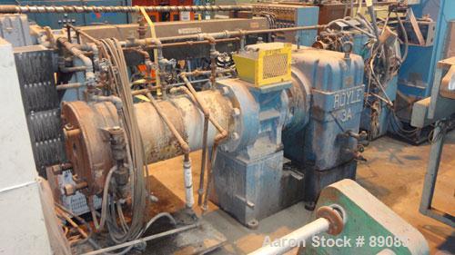 Used Royal 10" Single Screw Dump Extruder, Approximate 6 to 1 L/D ratio, cored screw, (2) zone jacketed barrel. 11" x 12" jacketed feed throat with chute. Approximate 42" centerline height, swing awa...
