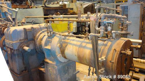 Used Royal 10" Single Screw Dump Extruder, Approximate 6 to 1 L/D ratio, cored screw, (2) zone jacketed barrel. 11" x 12" jacketed feed throat with chute. Approximate 42" centerline height, swing awa...