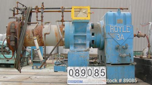 Used Royal 10" Single Screw Dump Extruder, Approximate 6 to 1 L/D ratio, cored screw, (2) zone jacketed barrel. 11" x 12" jacketed feed throat with chute. Approximate 42" centerline height, swing awa...