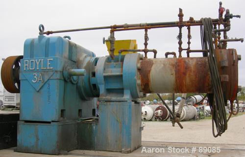 Used Royal 10" Single Screw Dump Extruder, Approximate 6 to 1 L/D ratio, cored screw, (2) zone jacketed barrel. 11" x 12" jacketed feed throat with chute. Approximate 42" centerline height, swing awa...