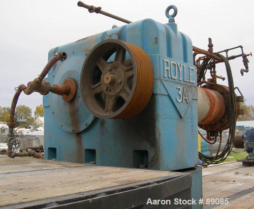 Used Royal 10" Single Screw Dump Extruder, Approximate 6 to 1 L/D ratio, cored screw, (2) zone jacketed barrel. 11" x 12" jacketed feed throat with chute. Approximate 42" centerline height, swing awa...