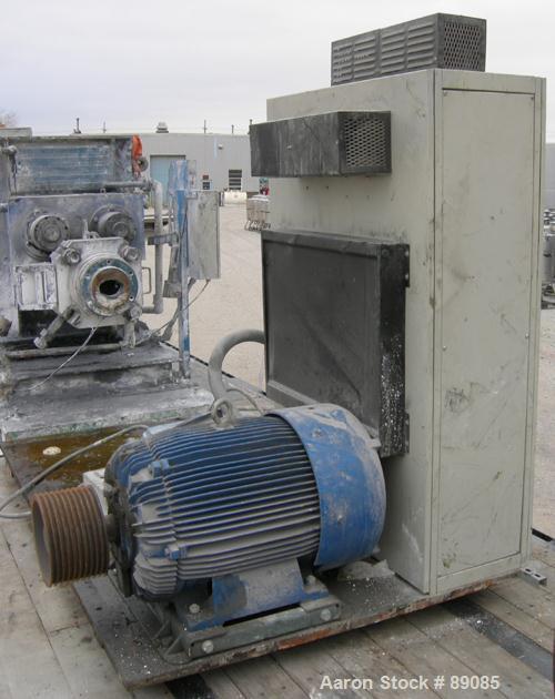 Used Royal 10" Single Screw Dump Extruder, Approximate 6 to 1 L/D ratio, cored screw, (2) zone jacketed barrel. 11" x 12" jacketed feed throat with chute. Approximate 42" centerline height, swing awa...
