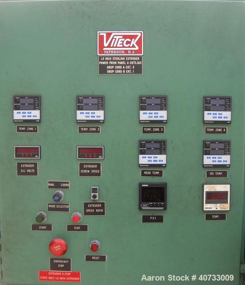 Used Sterling Extruder Corp 1-1/2'' Single Screw Extruder. Approximately 24 to 1 L/D ratio. Electrically heated, water cooled 4 zone non-vented barrel, no water system. Water cooled feed throat with ...