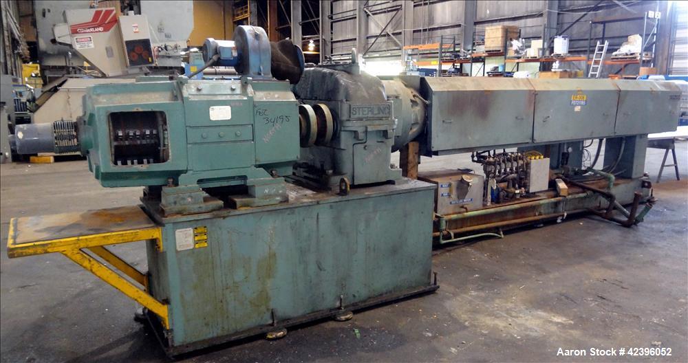 Used Sterling 6" extruder, 32:1 L/D, electrically heated, water cooled barrel with circulation system, jacketed feed section, 51" center line height, 400 hp dc motor with scr controller, 17.212:1 gea...