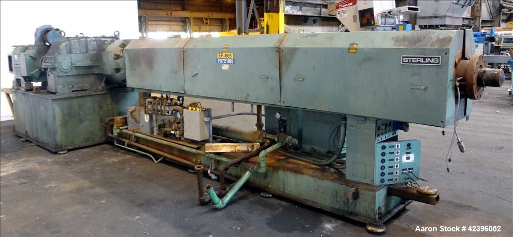 Used Sterling 6" extruder, 32:1 L/D, electrically heated, water cooled barrel with circulation system, jacketed feed section, 51" center line height, 400 hp dc motor with scr controller, 17.212:1 gea...