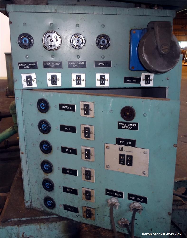Used Sterling 6" extruder, 32:1 L/D, electrically heated, water cooled barrel with circulation system, jacketed feed section, 51" center line height, 400 hp dc motor with scr controller, 17.212:1 gea...