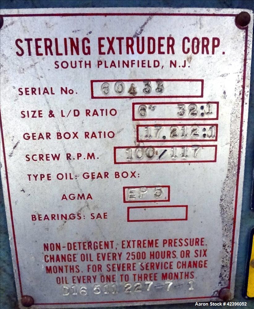 Used Sterling 6" extruder, 32:1 L/D, electrically heated, water cooled barrel with circulation system, jacketed feed section, 51" center line height, 400 hp dc motor with scr controller, 17.212:1 gea...