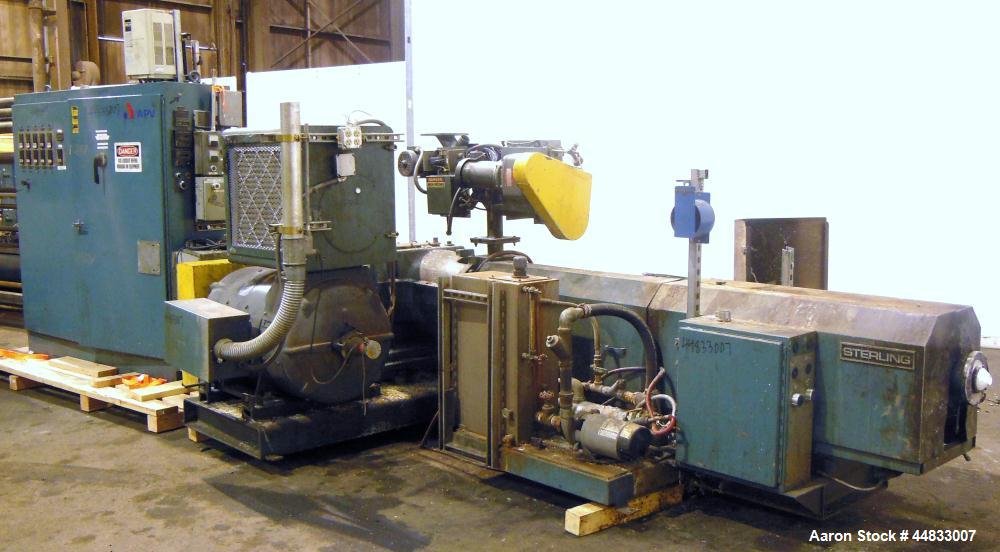 Used Sterling Extruder Corp. 3-1/2" Single Screw Lowboy Extruder. Approximately 30 to 1 L/D ratio. Electrically heated, water cooled 5 zone non-vented barrel with a pump, tank, and heat exchanger wat...