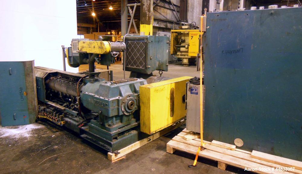 Used Sterling Extruder Corp. 3-1/2" Single Screw Lowboy Extruder. Approximately 30 to 1 L/D ratio. Electrically heated, water cooled 5 zone non-vented barrel with a pump, tank, and heat exchanger wat...