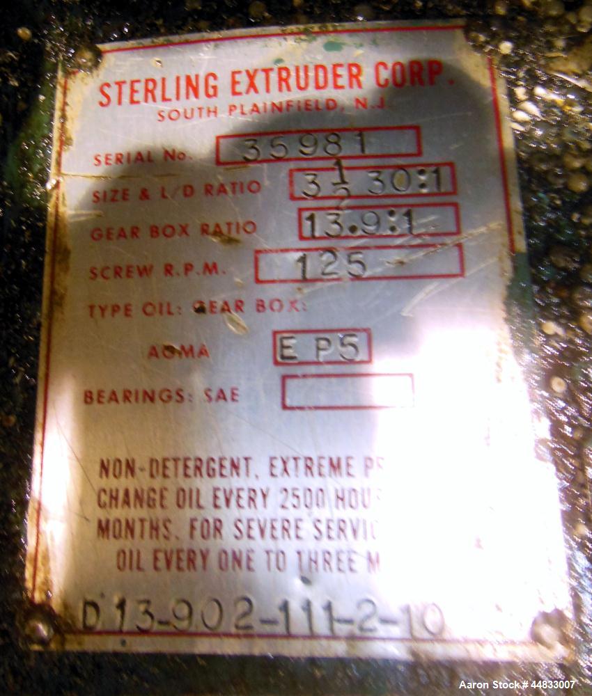 Used Sterling Extruder Corp. 3-1/2" Single Screw Lowboy Extruder. Approximately 30 to 1 L/D ratio. Electrically heated, water cooled 5 zone non-vented barrel with a pump, tank, and heat exchanger wat...