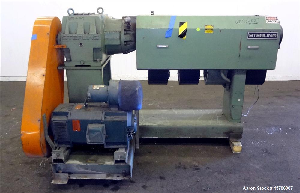 Used Sterling 2.5" Single Screw Extruder. 24 to 1 L/D Ratio. Electrically heated, air cooled 4 zone non-vented barrel. Water cooled feed throat, no hopper, approximate 43.5" center-line height. Drive...