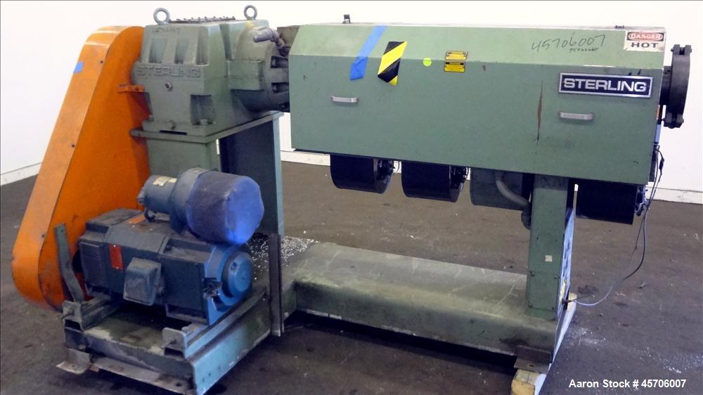 Used Sterling 2.5" Single Screw Extruder. 24 to 1 L/D Ratio. Electrically heated, air cooled 4 zone non-vented barrel. Water cooled feed throat, no hopper, approximate 43.5" center-line height. Drive...