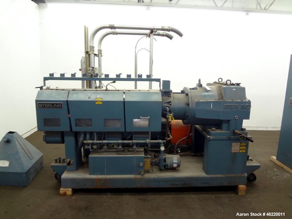Used Sterling 2.5" Single Screw Extruder, 24:1 L/D Ratio (NO SCREW). Electrically heated, water and air cooled 4 zone non-vented barrel. Water cooled feed throat with hopper. Approximately 41.5" cent...