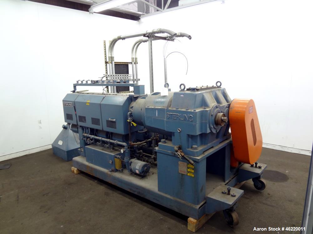 Used Sterling 2.5" Single Screw Extruder, 24:1 L/D Ratio (NO SCREW). Electrically heated, water and air cooled 4 zone non-vented barrel. Water cooled feed throat with hopper. Approximately 41.5" cent...