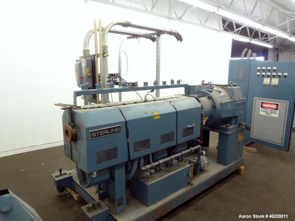 Used Sterling 2.5" Single Screw Extruder, 24:1 L/D Ratio (NO SCREW). Electrically heated, water and air cooled 4 zone non-vented barrel. Water cooled feed throat with hopper. Approximately 41.5" cent...