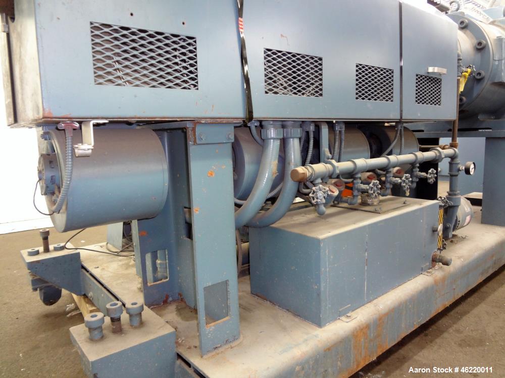 Used Sterling 2.5" Single Screw Extruder, 24:1 L/D Ratio (NO SCREW). Electrically heated, water and air cooled 4 zone non-vented barrel. Water cooled feed throat with hopper. Approximately 41.5" cent...