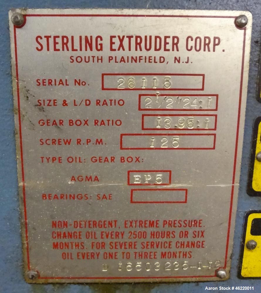 Used Sterling 2.5" Single Screw Extruder, 24:1 L/D Ratio (NO SCREW). Electrically heated, water and air cooled 4 zone non-vented barrel. Water cooled feed throat with hopper. Approximately 41.5" cent...