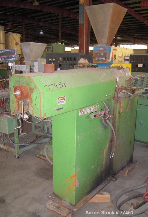 USED: Sterling 1.5" extruder. 24:1 L/D ratio. Having an electricallyheated, water cooled and top vented plugged barrel at a 49" centerlineheight. Gearbox has a rtio of 17.5:1 and is belt driven by a ...