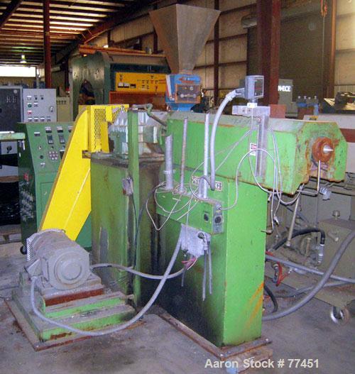 USED: Sterling 1.5" extruder. 24:1 L/D ratio. Having an electricallyheated, water cooled and top vented plugged barrel at a 49" centerlineheight. Gearbox has a rtio of 17.5:1 and is belt driven by a ...