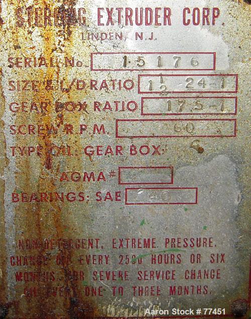USED: Sterling 1.5" extruder. 24:1 L/D ratio. Having an electricallyheated, water cooled and top vented plugged barrel at a 49" centerlineheight. Gearbox has a rtio of 17.5:1 and is belt driven by a ...