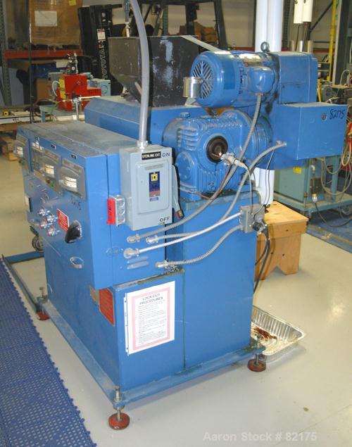 USED: Sterling 1" single screw extruder, 24:1 L/D ratio. Electrically heated, air cooled, vented (plugged) barrel. Water cooled feed with hopper. Gearbox ratio 18:1. Driven by a 2 hp varispeed drive....