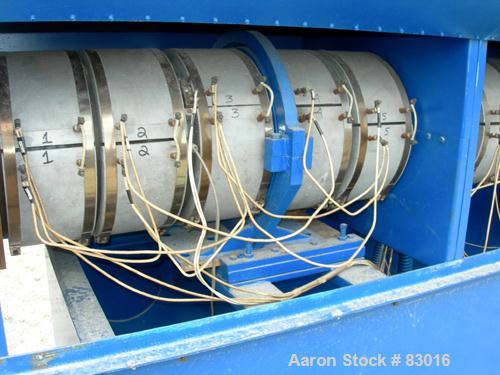 USED: Sterling 8" Single Screw Extruder, approximate 20:1 L/D ratio. Electrically heated, air cooled non-vented barrel, no screw. Water cooled feed throat, no hopper. Requires an approximate 450 hp m...