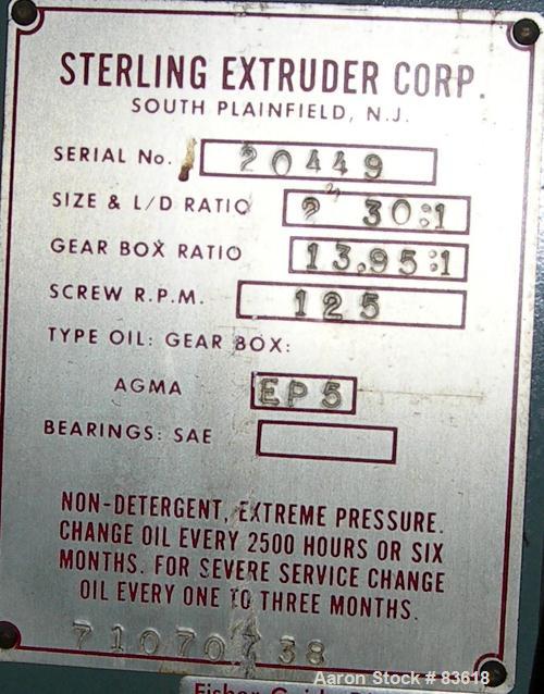 USED: Sterling pedestal mount 2" single screw extruder. Approximate30:1 L/D ratio. Electrically heated, air cooled 4 zone non-ventedbarrel. Water cooled feed throat, no hopper. Driven by a 20 hp,500 ...