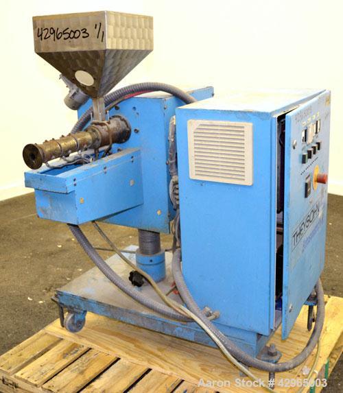 Used Theysohn 3/4’’ Single Screw Co-Extruder. Approximate 20 to 1 L/D ratio. Electrically heated, air cooled 3 zone non-vented barrel. Water cooled feed throat with hopper. Driven by a 2hp, 530 volt,...