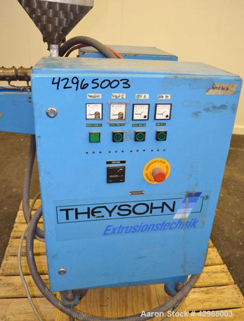 Used Theysohn 3/4’’ Single Screw Co-Extruder. Approximate 20 to 1 L/D ratio. Electrically heated, air cooled 3 zone non-vented barrel. Water cooled feed throat with hopper. Driven by a 2hp, 530 volt,...