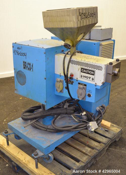 Used Theysohn 3/4’’ Single Screw Co-Extruder. Approximate 20 to 1 L/D ratio. Electrically heated, air cooled 3 zone non-vented barrel. Water cooled feed throat with hopper. Driven by a 2hp, 530 volt,...