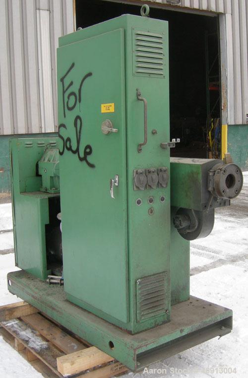 Used Welex 2" Single Screw Extruder, Model 20024:1 R.H. Approximate 24:1 L/D ratio. Electrically heated, air cooled 3 zone non-vented barrel. Water cooled feed throat, no hopper. Driven by a 20 hp, 2...